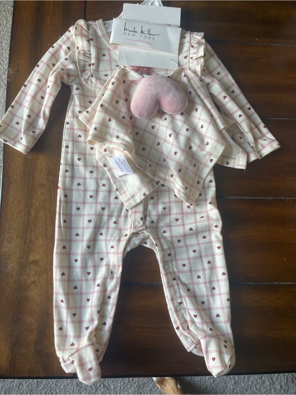 Nicole Hill New York Cream & Pink Heart Plaid Footed One-Piece
